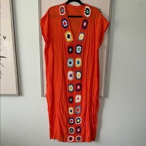 Vintage Orange Crochet Granny Squares Boho Hippie Fairy Maxi Dress Cover Up